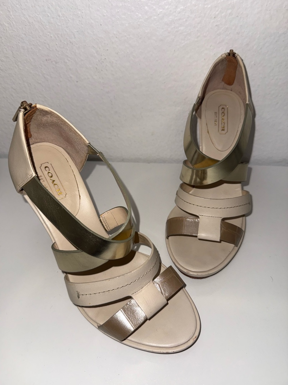 COACH Multi-Strap Metallic Neutral Block Heel Sandals Back Zip